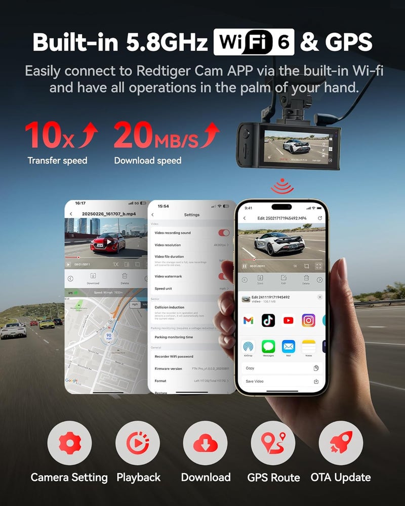 REDTIGER 4K Dash Cam Front and Rear, STARVIS 2 Sensor, 64GB Card Included, 4K/2.5K+1080P Dual Dash Camera for Cars Built-in WiFi GPS, 3.18 Inch IPS Screen, 170° Wide Angle, Parking Monitor (F7N Pro) - Image 4